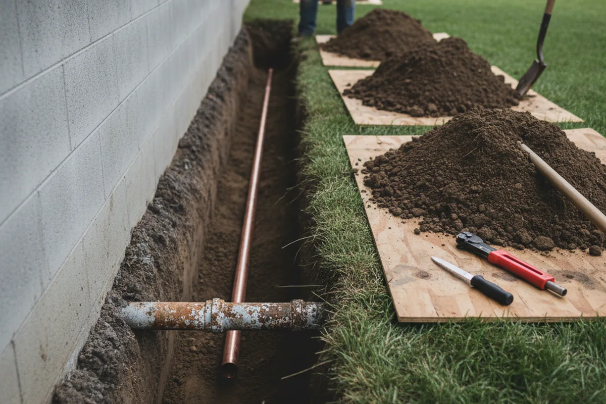 Excavated water line trench during Water Softener Installation in Merced